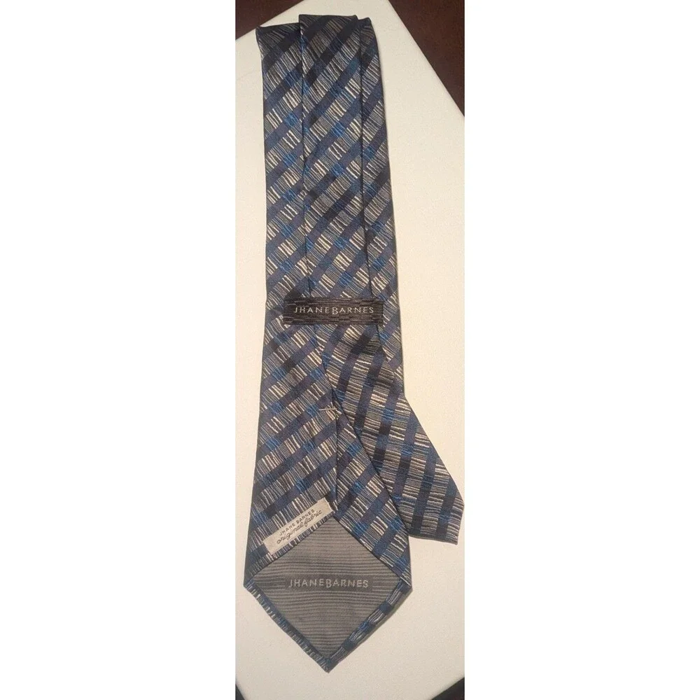 JHANE BARNES Men's 100% Silk Necktie Designer Striped Blues/ Taupe Luxury Tie